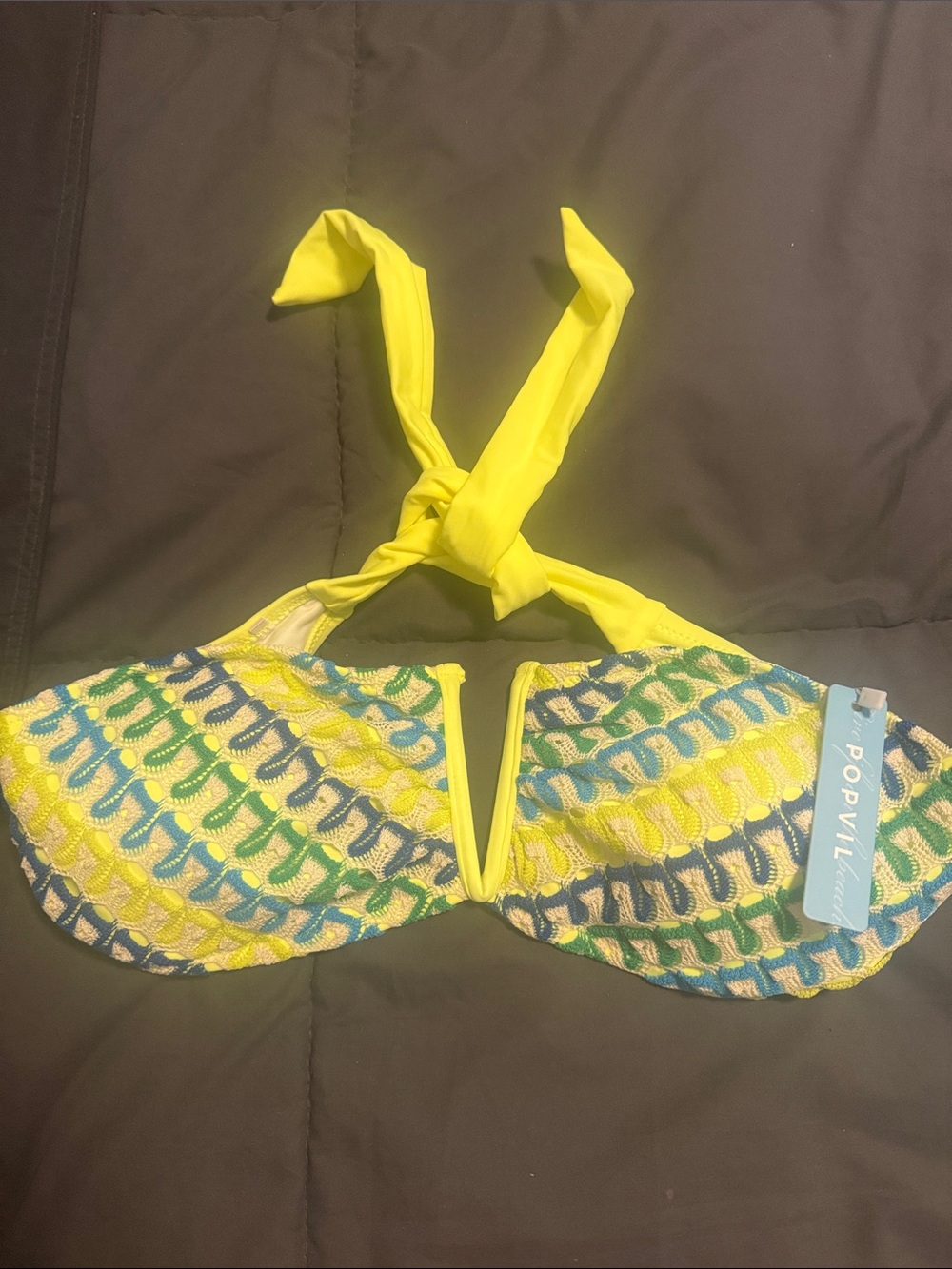 Popvil Bright Yellow & Blue Crochet Bikini Top Medium